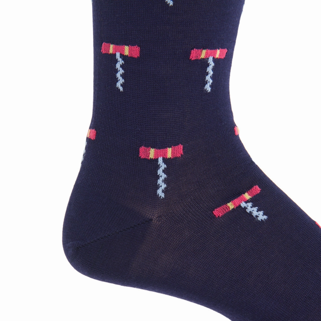 Classic Navy with Coral, Cream, Ash Corkscrew Cotton Sock Linked Toe Mid-Calf