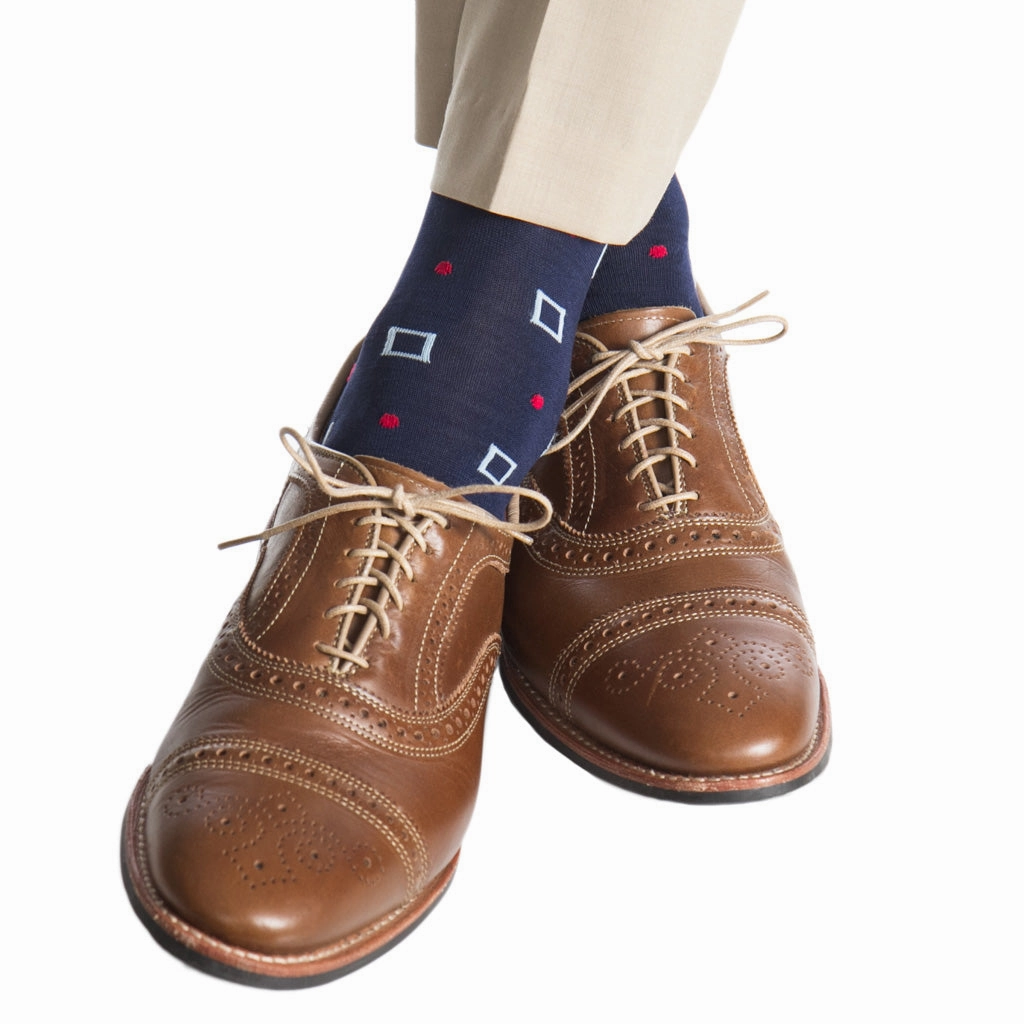 Classic Navy with Sky Blue Squares and Red Dot Cotton Sock Linked Toe OTC