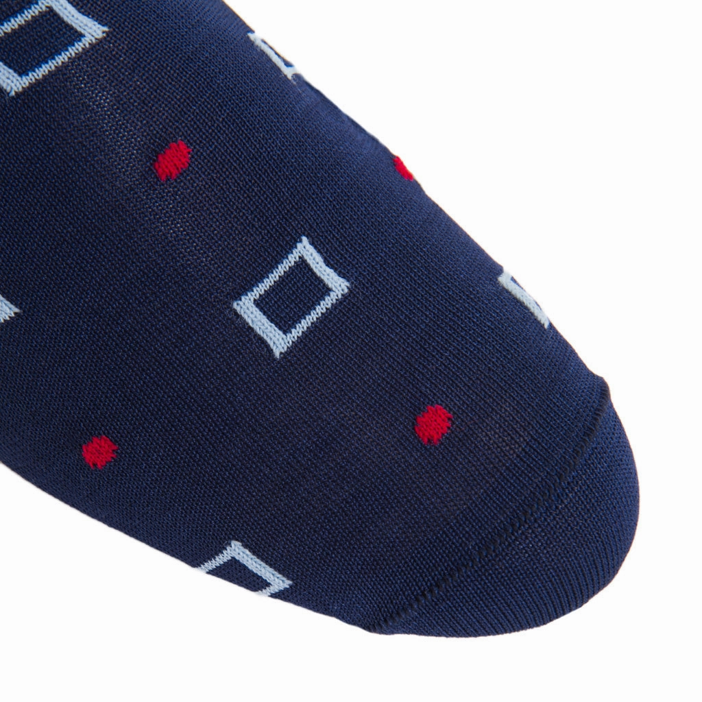 Classic Navy with Sky Blue Squares and Red Dot Cotton Sock Linked Toe OTC