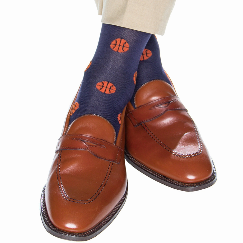 Classic Navy with Tigerlily Orange Basketball Cotton Sock Linked Toe OTC