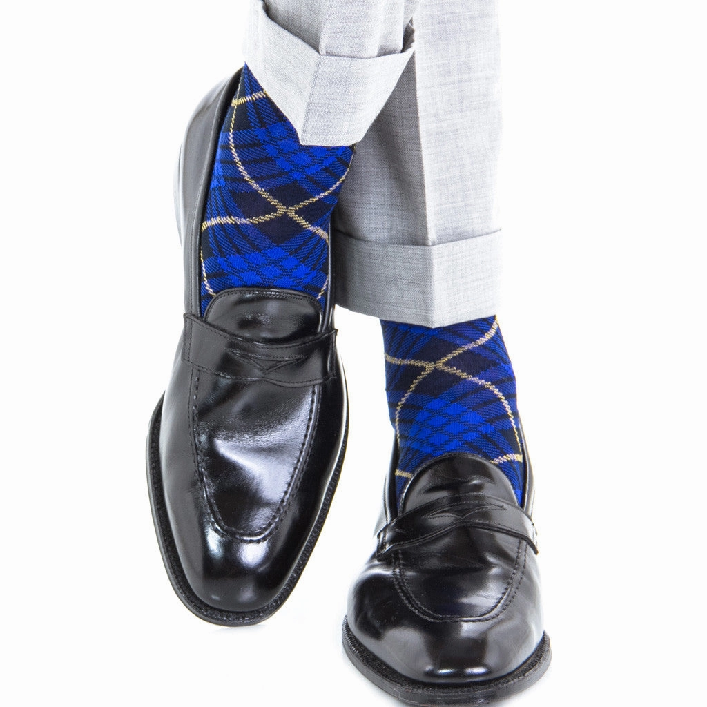 Clematis Blue with Navy and Yolk Tartan Cotton Sock Linked Toe Mid-Calf