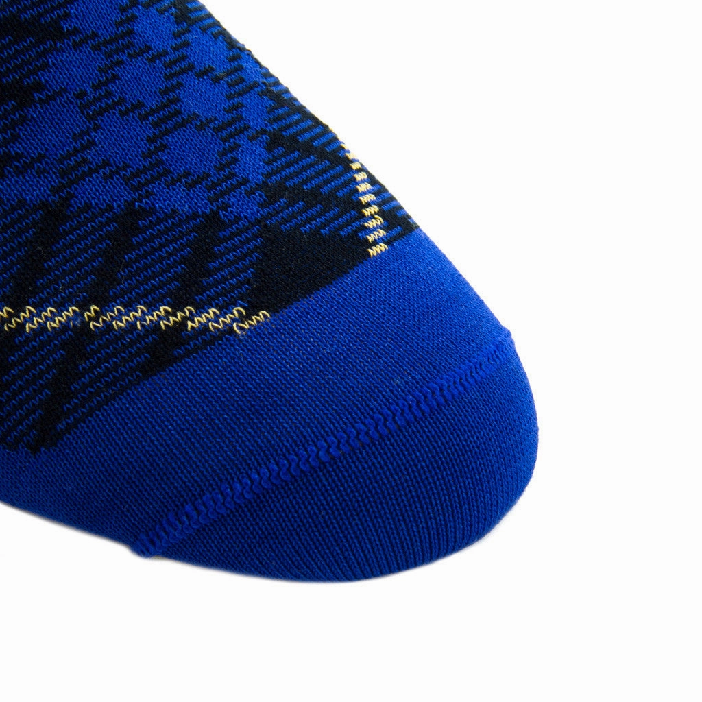 Clematis Blue with Navy and Yolk Tartan Cotton Sock Linked Toe Mid-Calf