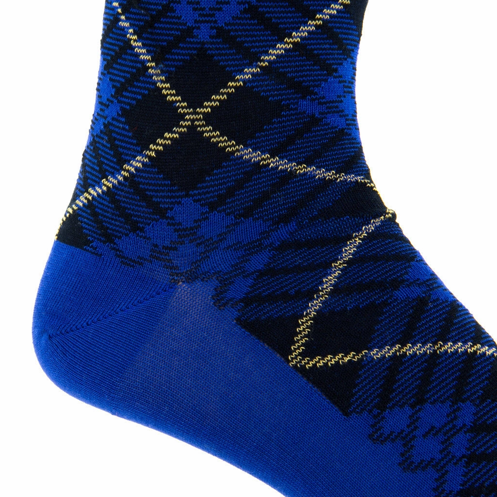 Clematis Blue with Navy and Yolk Tartan Cotton Sock Linked Toe Mid-Calf