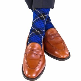 Clematis Blue with Navy and Yolk Tartan Cotton Sock Linked Toe Mid-Calf