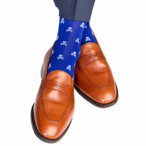 Clematis Blue with Sky Blue Skull and Crossbones Cotton Sock Linked Toe Mid-Calf