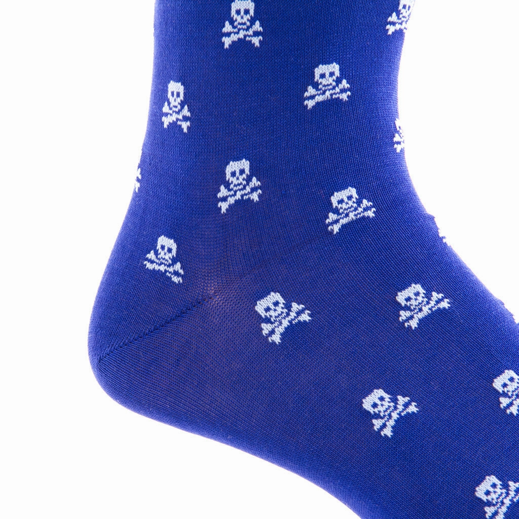 Clematis Blue with Sky Blue Skull and Crossbones Cotton Sock Linked Toe Mid-Calf