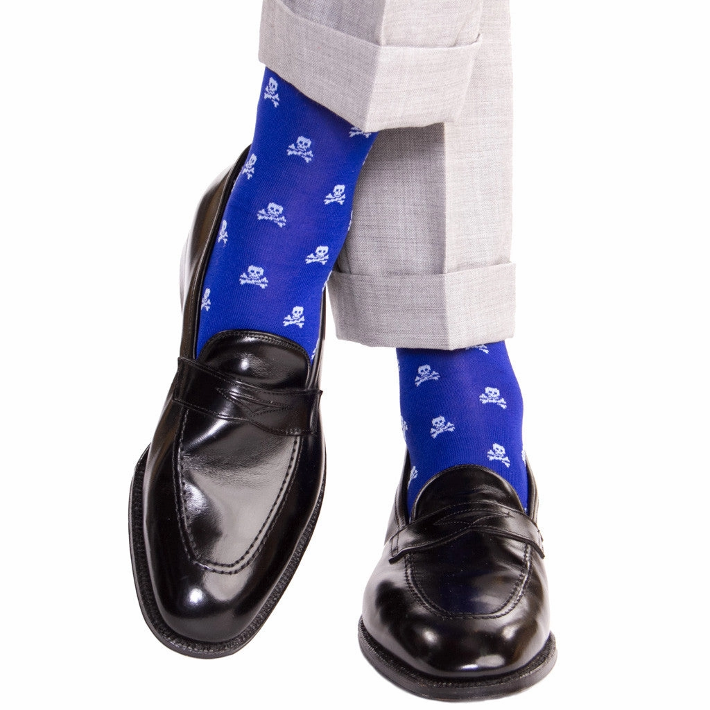 Clematis Blue with Sky Blue Skull and Crossbones Cotton Sock Linked Toe Mid-Calf