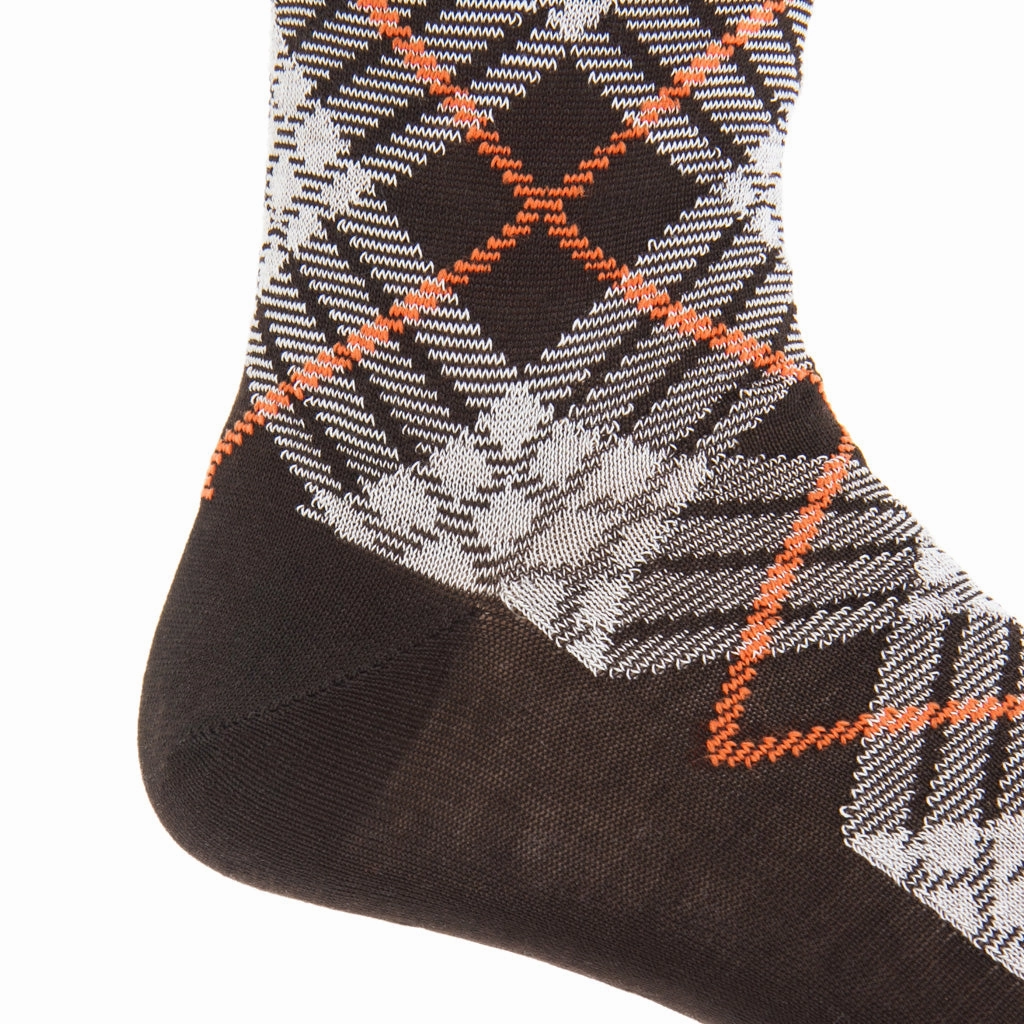Coffee Brown with Cream and Tigerlily Orange Tartan Cotton Sock Linked Toe Mid-Calf