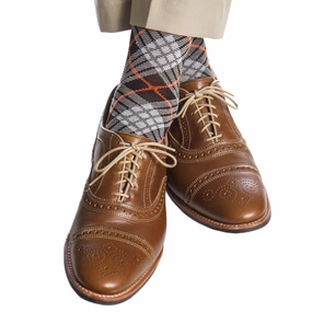 Coffee Brown with Cream and Tigerlily Orange Tartan Cotton Sock Linked Toe Mid-Calf
