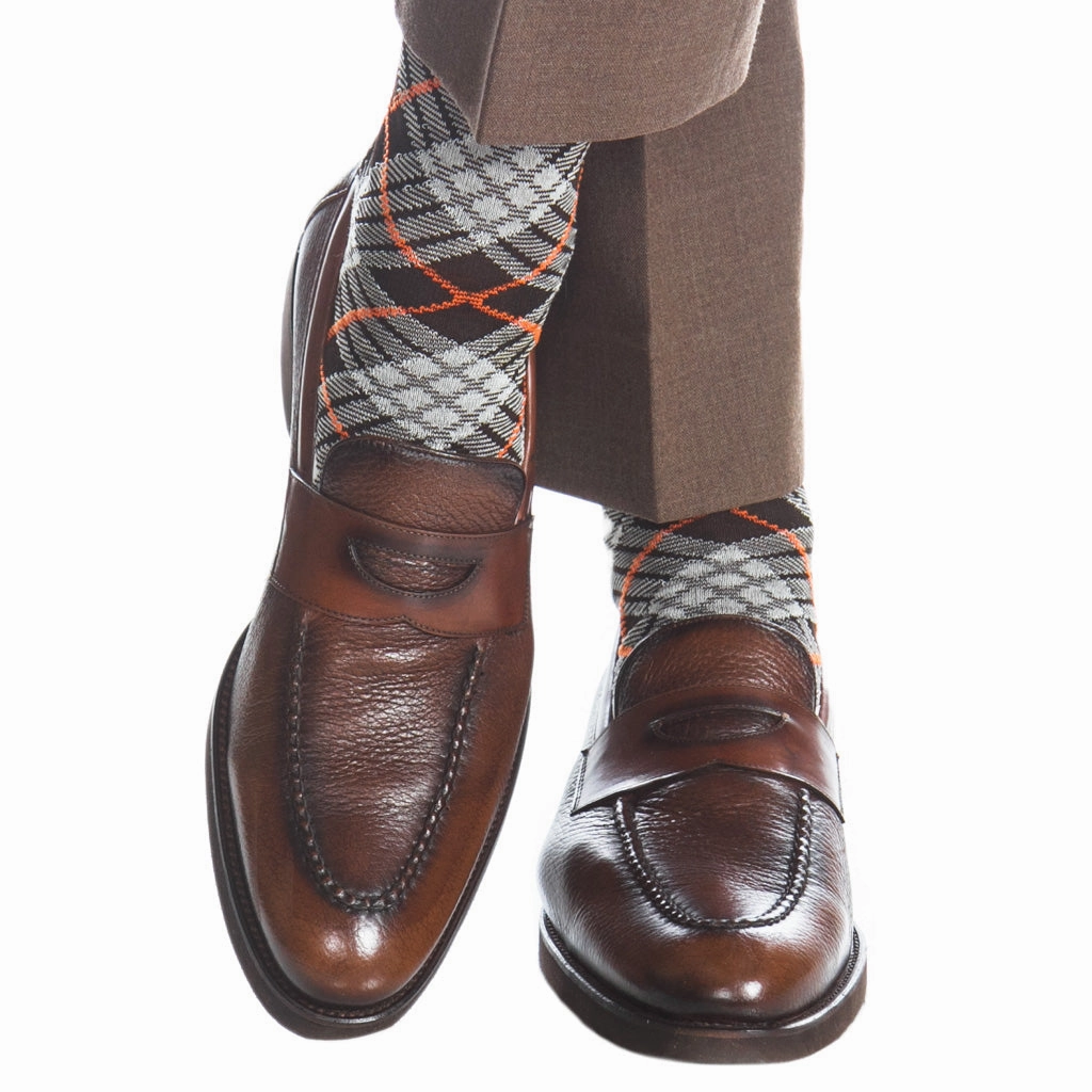 Coffee Brown with Cream and Tigerlily Orange Tartan Cotton Sock Linked Toe Mid-Calf