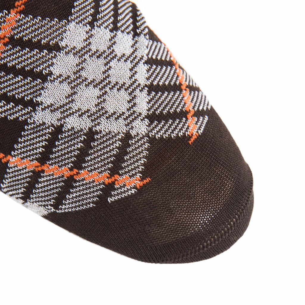 Coffee Brown with Cream and Tigerlily Orange Tartan Cotton Sock Linked Toe Mid-Calf