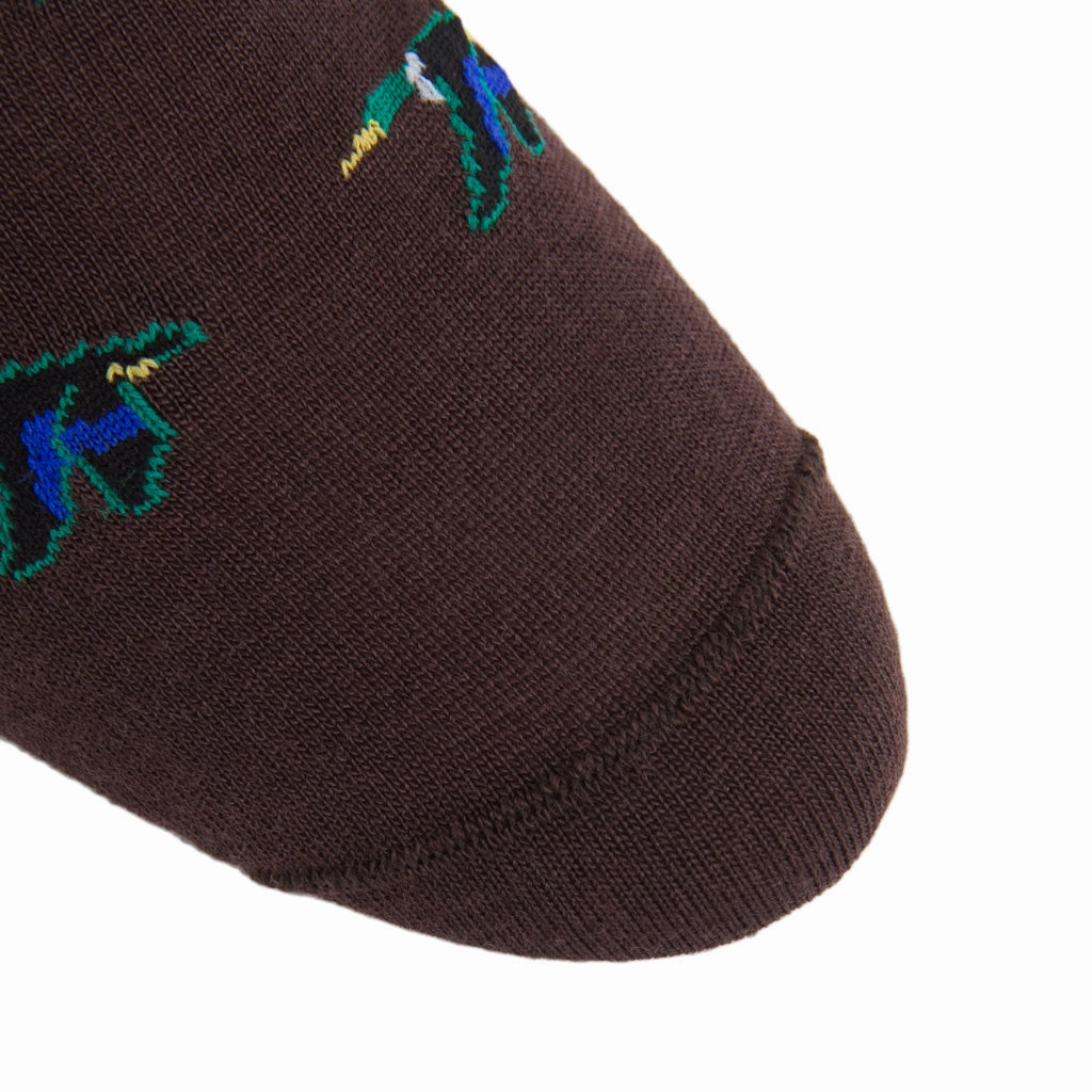 Coffee Brown with Taupe, Cream, Emerald Green, Clematis Blue and Black Mallard Fine Merino Wool Sock Linked Toe Mid-Calf