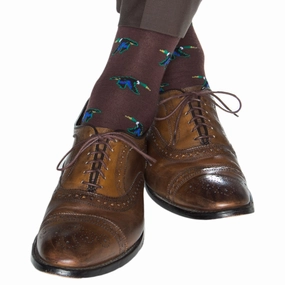 Coffee Brown with Taupe, Cream, Emerald Green, Clematis Blue and Black Mallard Fine Merino Wool Sock Linked Toe Mid-Calf