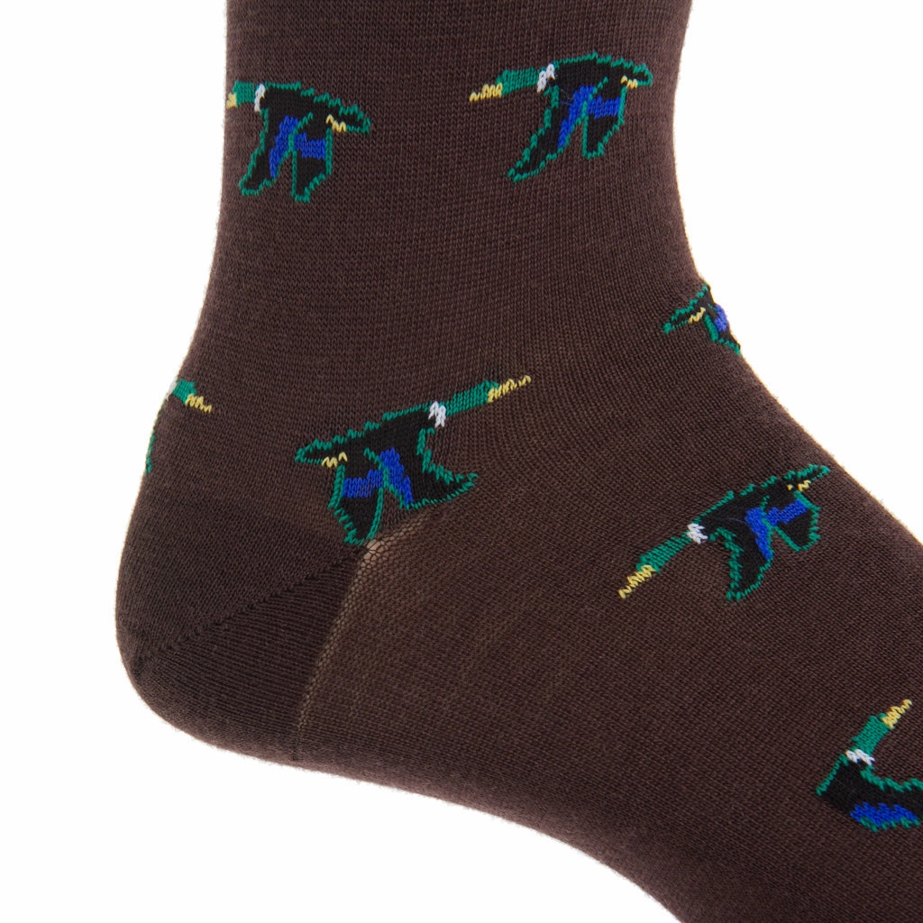 Coffee Brown with Taupe, Cream, Emerald Green, Clematis Blue and Black Mallard Fine Merino Wool Sock Linked Toe Mid-Calf