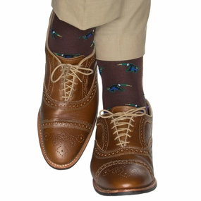 Coffee Brown with Taupe, Cream, Emerald Green, Clematis Blue and Black Mallard Fine Merino Wool Sock Linked Toe OTC
