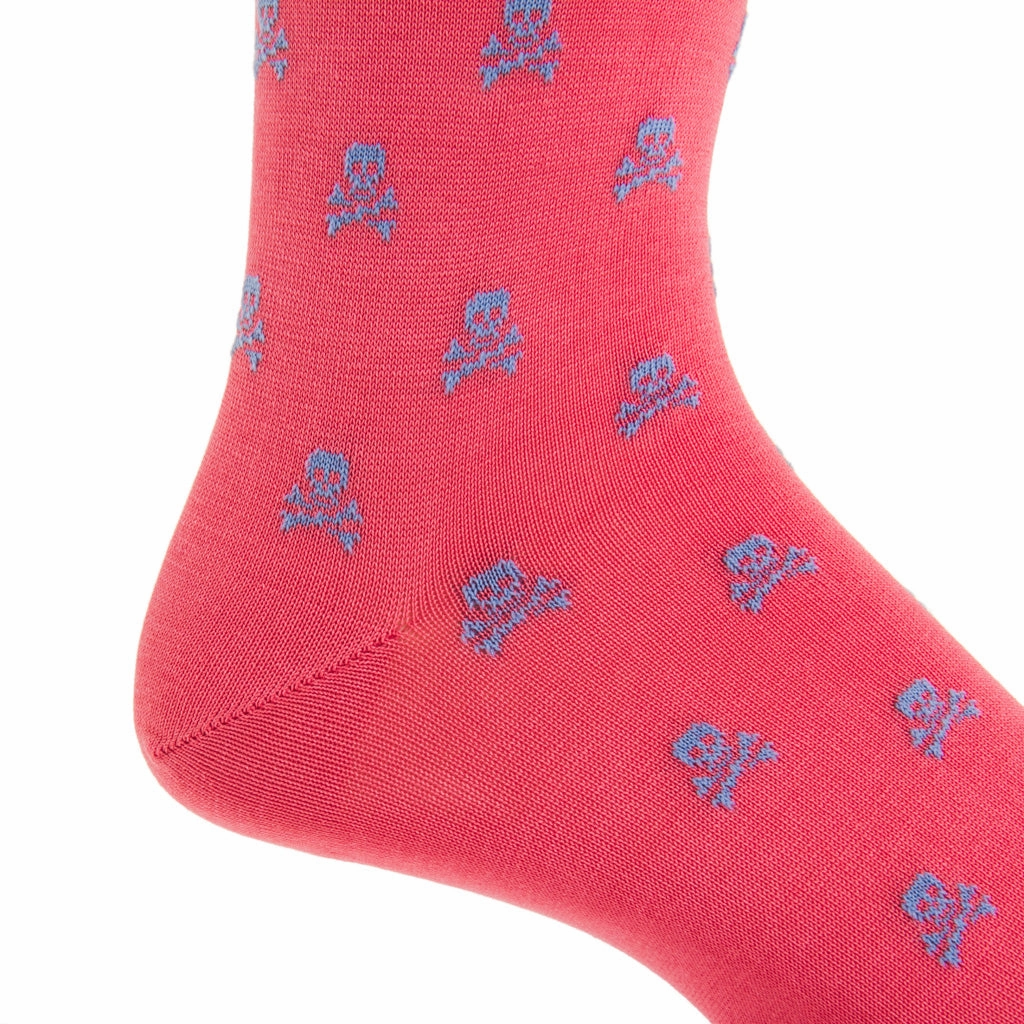 Coral with Azure Blue Skull and Crossbone Cotton Sock Linked Toe Mid-Calf