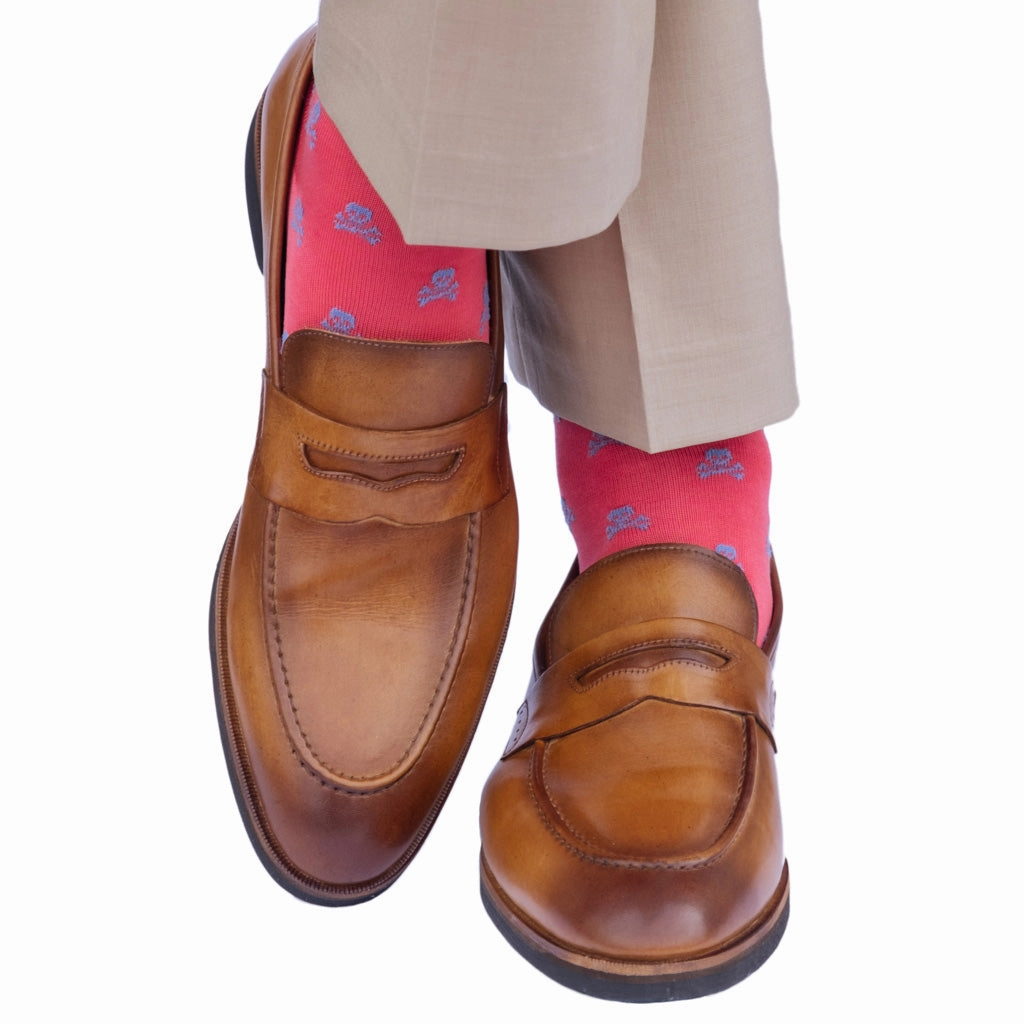 Coral with Azure Blue Skull and Crossbone Cotton Sock Linked Toe Mid-Calf