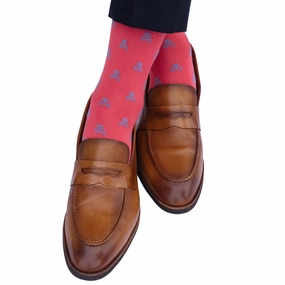 Coral with Azure Blue Skull and Crossbone Cotton Sock Linked Toe Mid-Calf