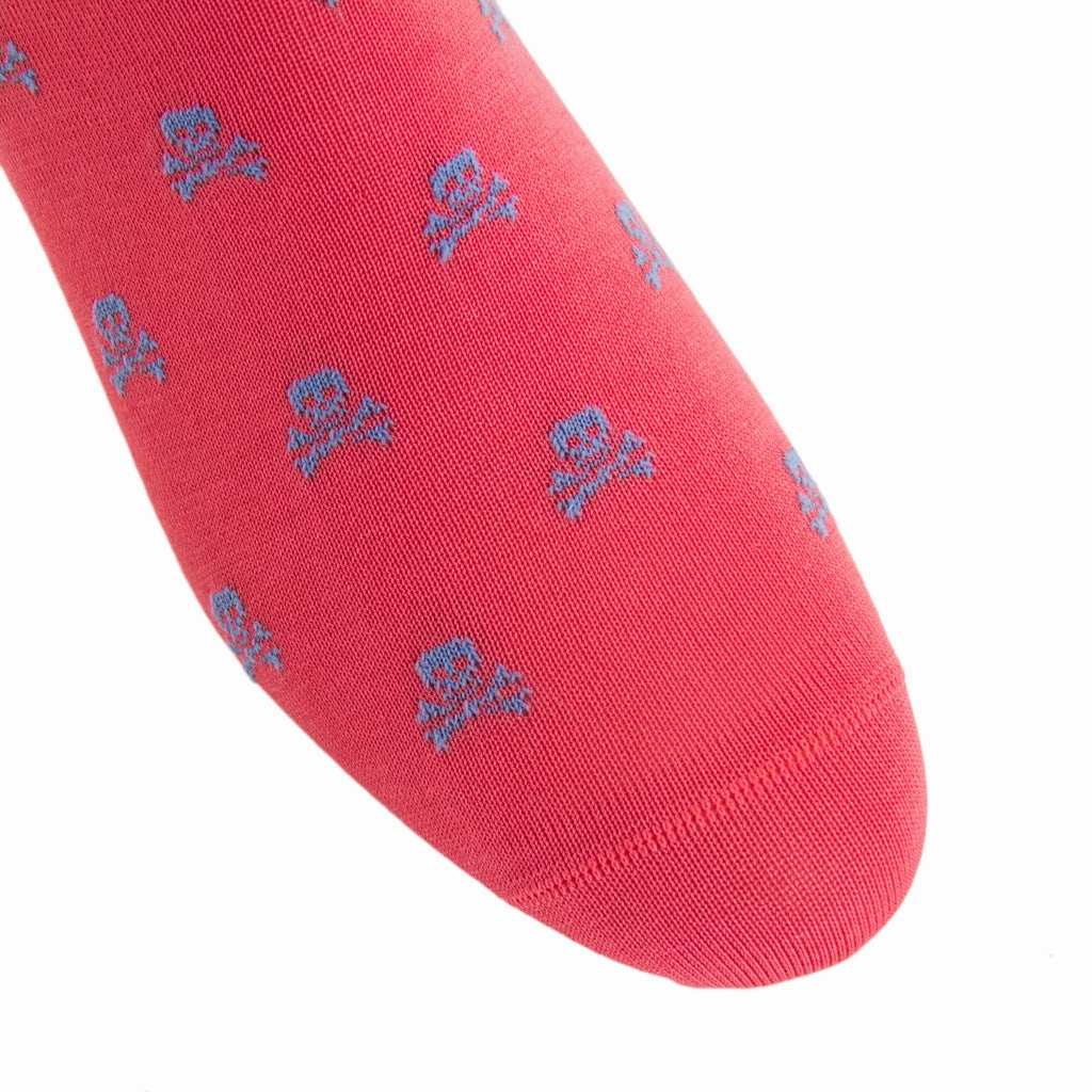 Coral with Azure Blue Skull and Crossbone Cotton Sock Linked Toe Mid-Calf