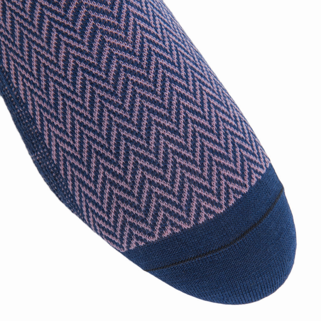 Dress Navy with Elderberry Herringbone Fine Merino Wool Sock Linked Toe Mid-Calf
