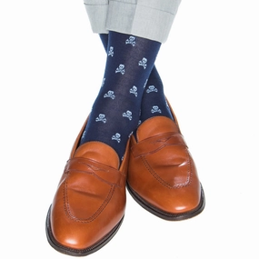 Dress Navy with Sky Blue Skull and Crossbones Fine Merino Wool Sock Linked Toe Mid-Calf