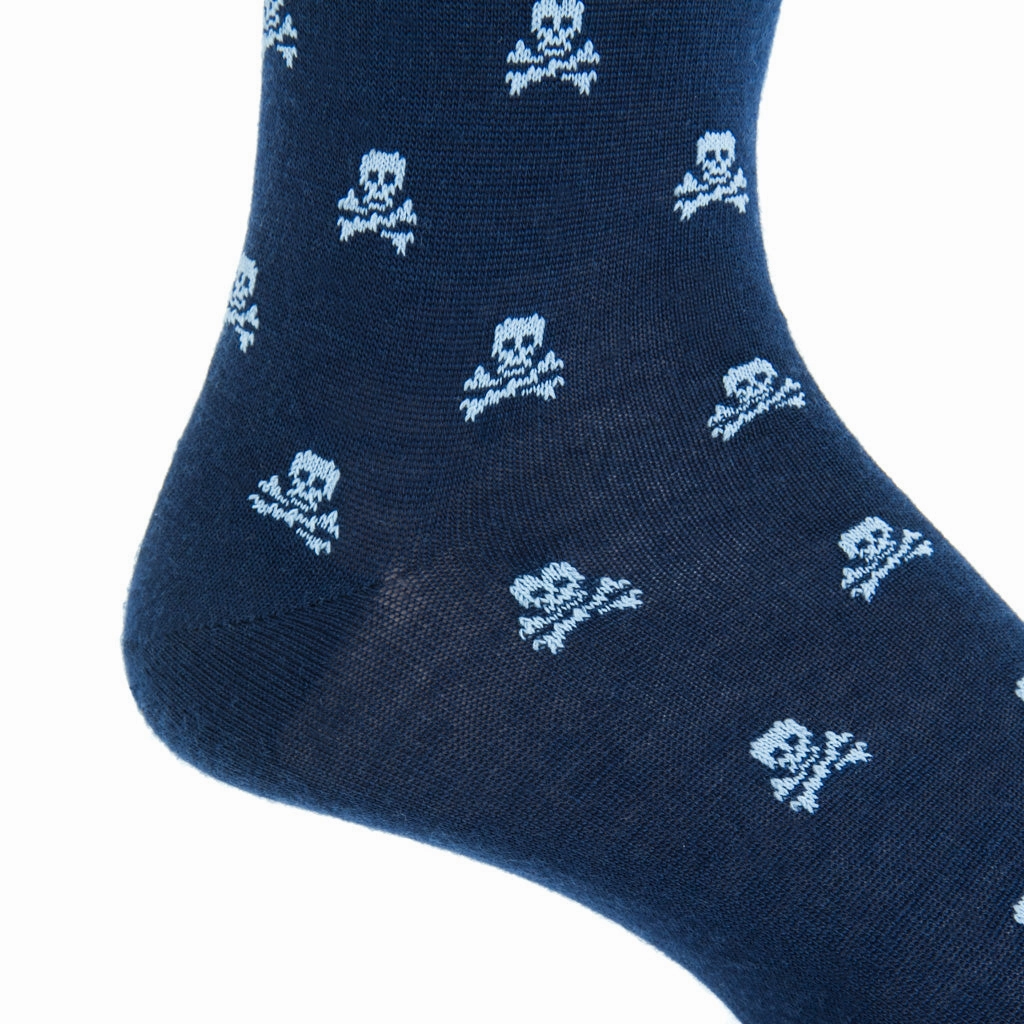 Dress Navy with Sky Blue Skull and Crossbones Fine Merino Wool Sock Linked Toe Mid-Calf