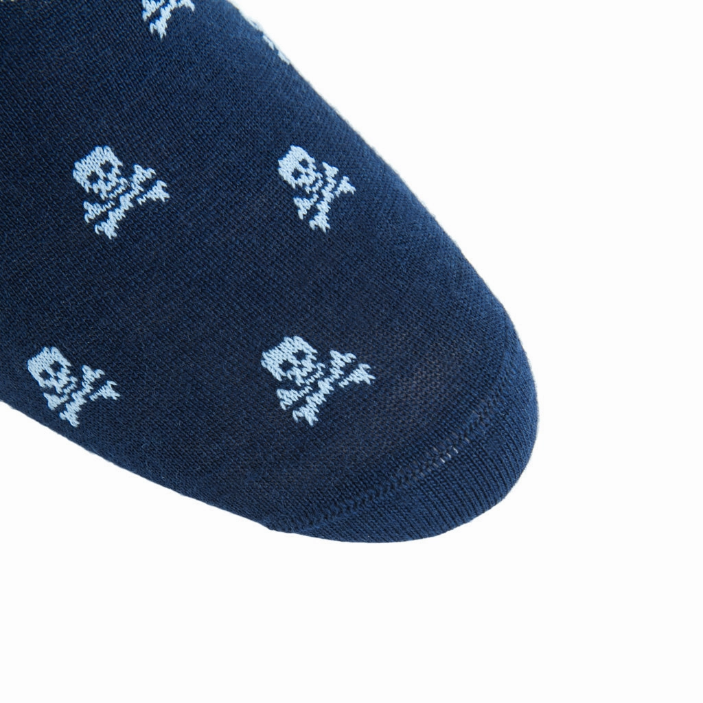 Dress Navy with Sky Blue Skull and Crossbones Fine Merino Wool Sock Linked Toe OTC