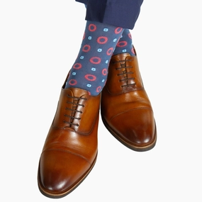 Indigo Blue with Coral and Sky Blue Lifesaver Cotton Sock Linked Toe Mid-Calf