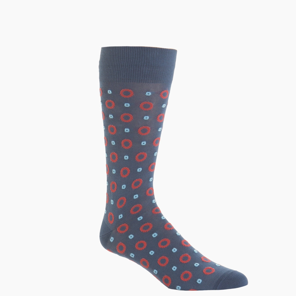 Indigo Blue with Coral and Sky Blue Lifesaver Cotton Sock Linked Toe Mid-Calf