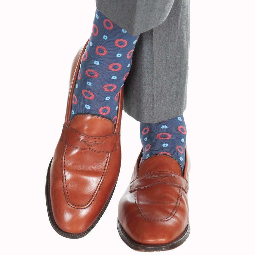 Indigo Blue with Coral and Sky Blue Lifesaver Cotton Sock Linked Toe OTC