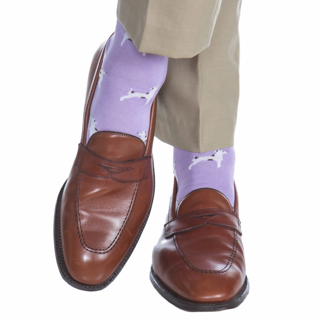 Lavender with White and Brown Dog Cotton Sock Linked Toe Mid-calf