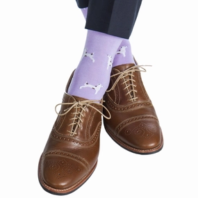 Lavender with White and Brown Dog Cotton Sock Linked Toe Mid-calf