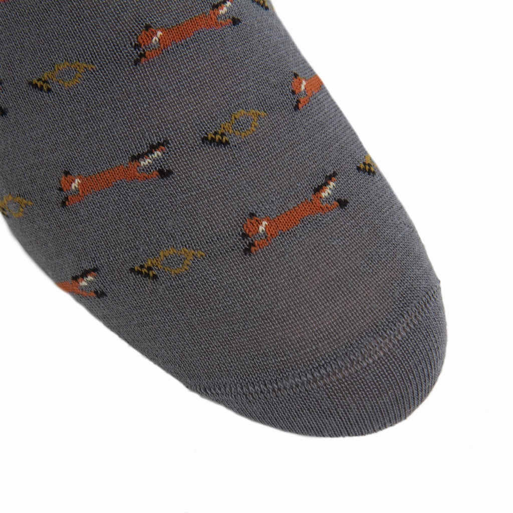 Mercury Gray with Brown, Gold, Cream Fox and Horn Wool Sock Linked Toe Mid-Calf