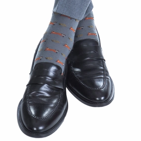 Mercury Gray with Brown, Gold, Cream Fox and Horn Wool Sock Linked Toe Mid-Calf
