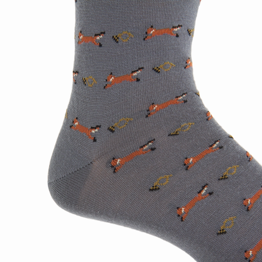 Mercury Gray with Brown, Gold, Cream Fox and Horn Wool Sock Linked Toe Mid-Calf