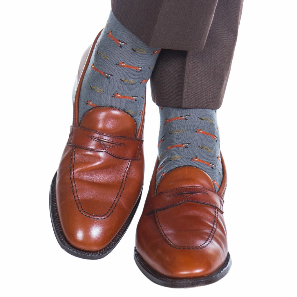 Mercury Gray with Brown, Gold, Cream Fox and Horn Wool Sock Linked Toe Mid-Calf