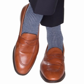 Navy and Sky Blue Houndstooth Fine Merino Wool Sock Linked Toe OTC