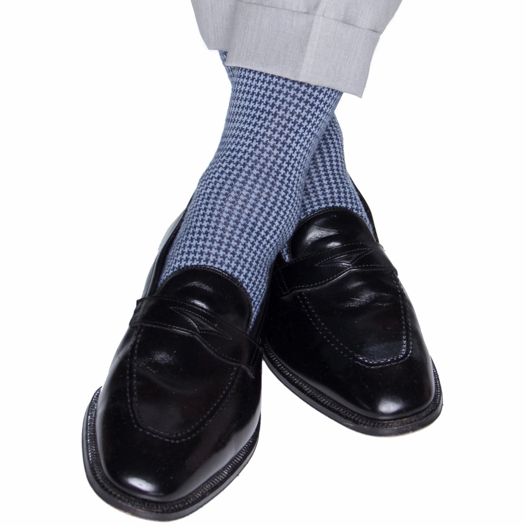 Navy and Sky Blue Houndstooth Fine Merino Wool Sock Linked Toe OTC