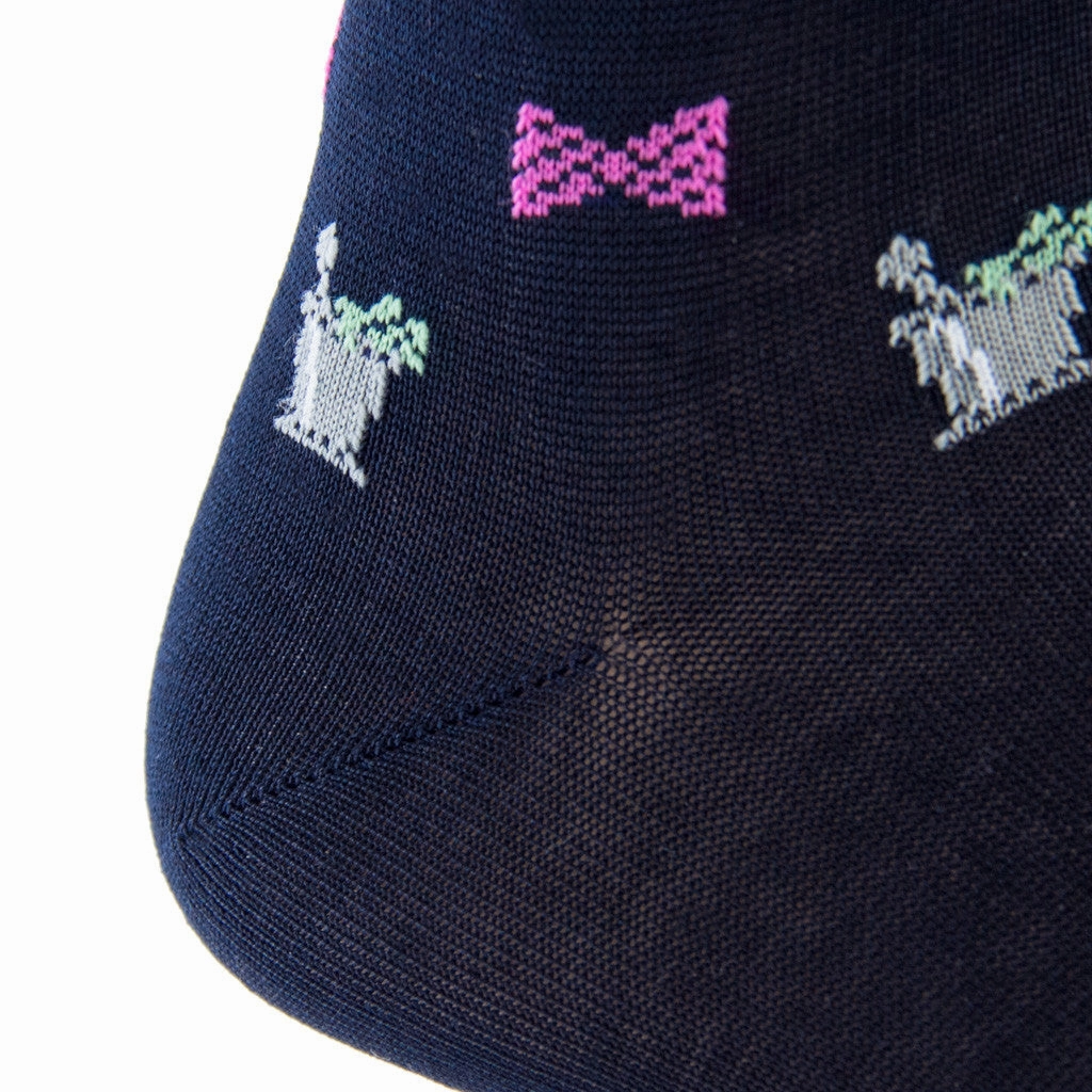 Navy with Pink Bow Tie and Mint Julep Cup Cotton Sock Linked Toe Mid-Calf