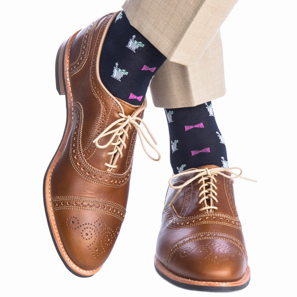 Navy with Pink Bow Tie and Mint Julep Cup Cotton Sock Linked Toe Mid-Calf