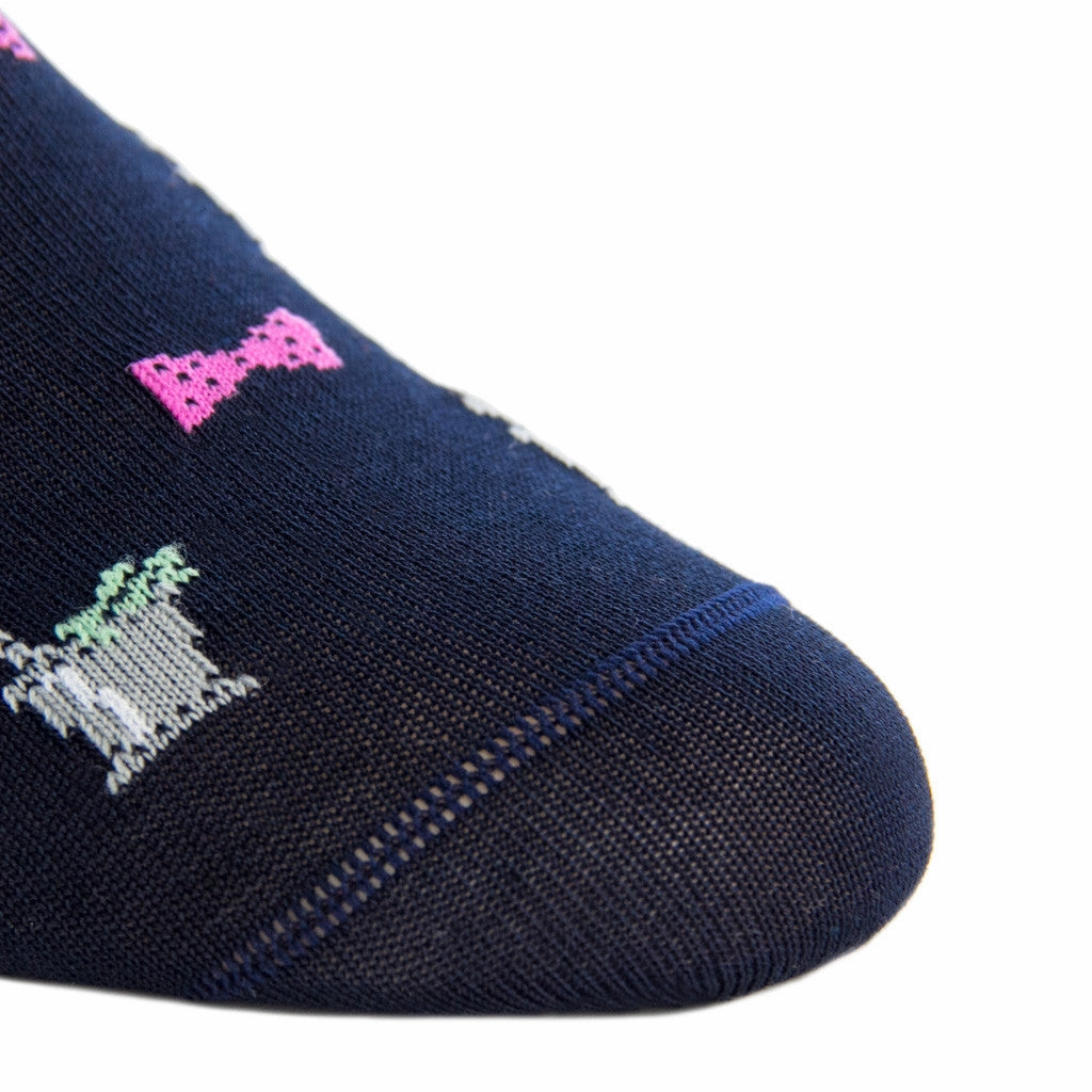Navy with Pink Bow Tie and Mint Julep Cup Cotton Sock Linked Toe Mid-Calf