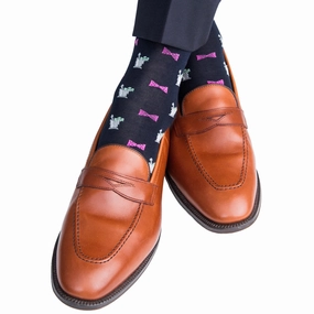 Navy with Pink Bow Tie and Mint Julep Cup Cotton Sock Linked Toe Mid-Calf