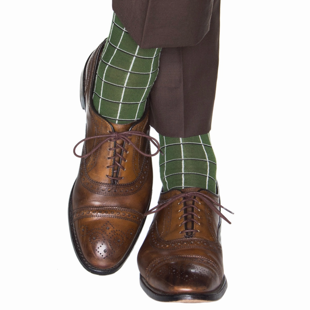 Pine Green with Black and Cream Window Pane Fine Merino Wool Sock Linked Toe Mid-Calf