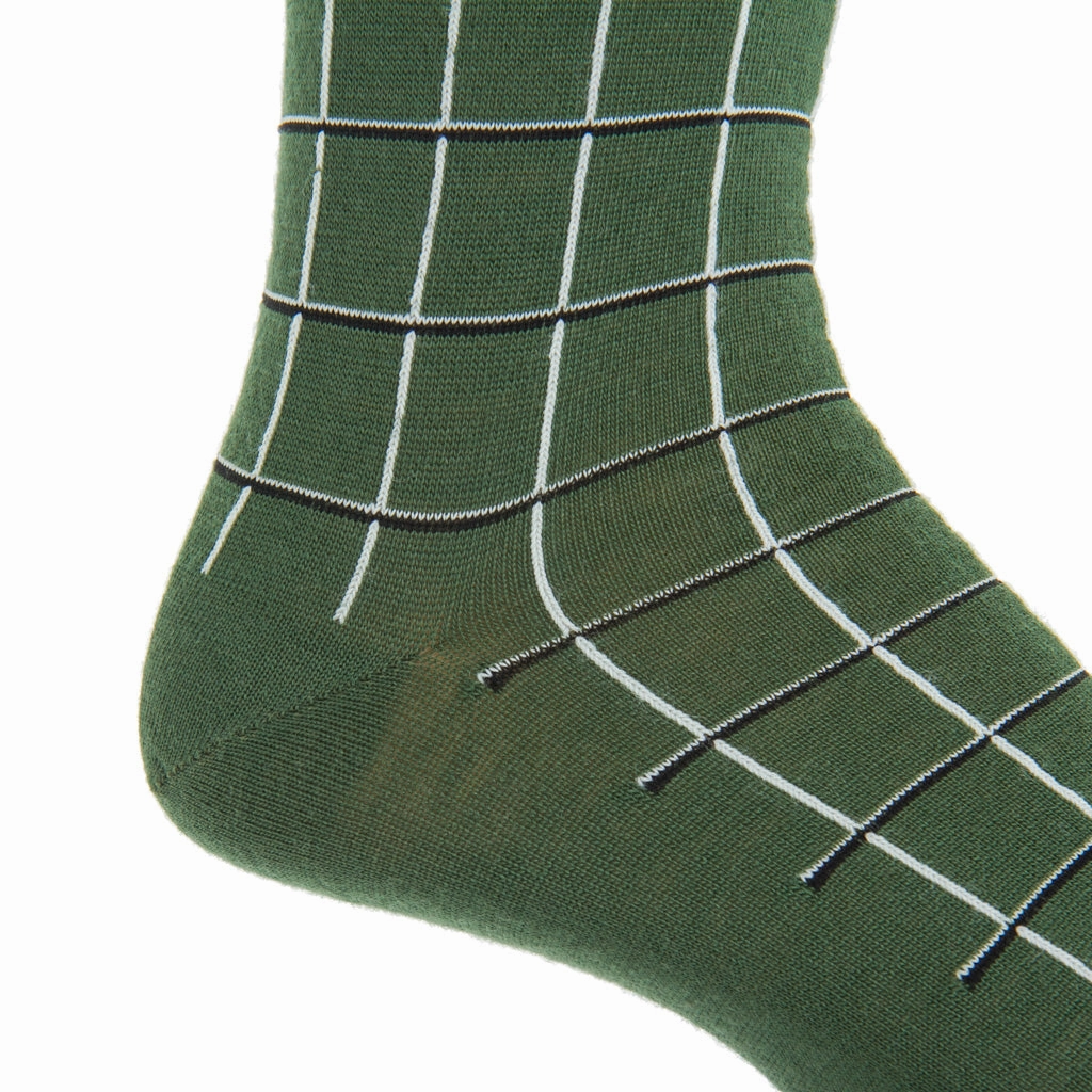 Pine Green with Black and Cream Window Pane Fine Merino Wool Sock Linked Toe Mid-Calf