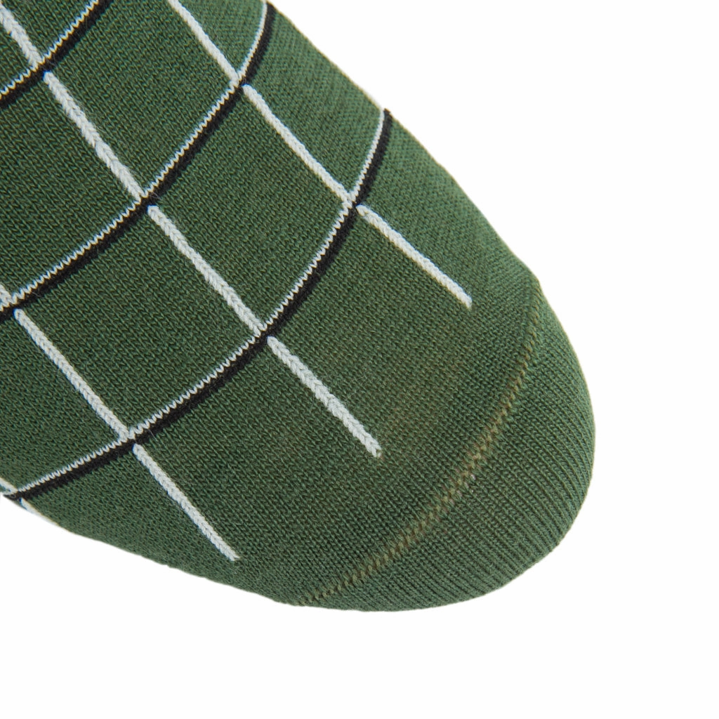 Pine Green with Black and Cream Window Pane Fine Merino Wool Sock Linked Toe Mid-Calf