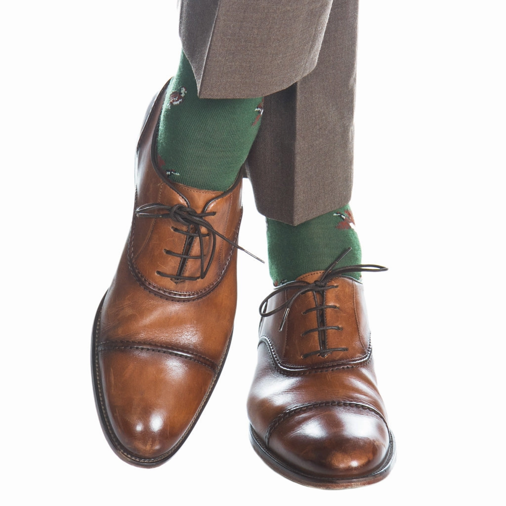 Pine Green with Coffee Brown, Brown, Cream Quail Merino Wool Sock Mid-Calf