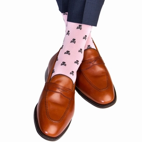 Pink with Black Skull and Crossbones Cotton Sock Linked Toe Mid-Calf