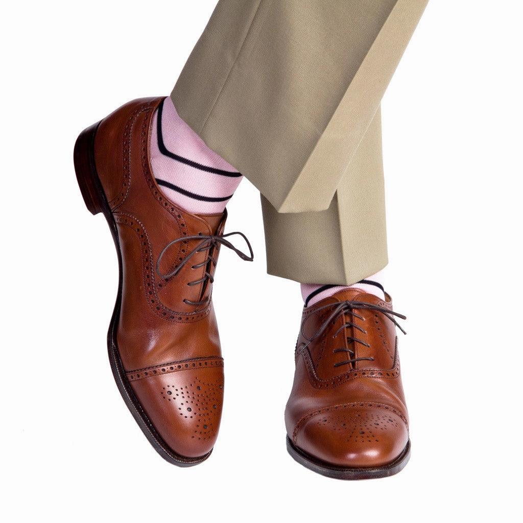 Pink with Navy Stripe Cotton Sock Linked Toe Mid-Calf
