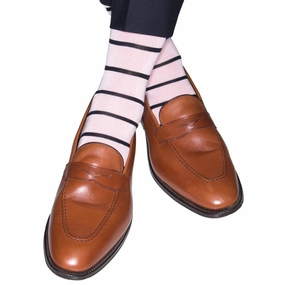 Pink with Navy Stripe Cotton Sock Linked Toe Mid-Calf