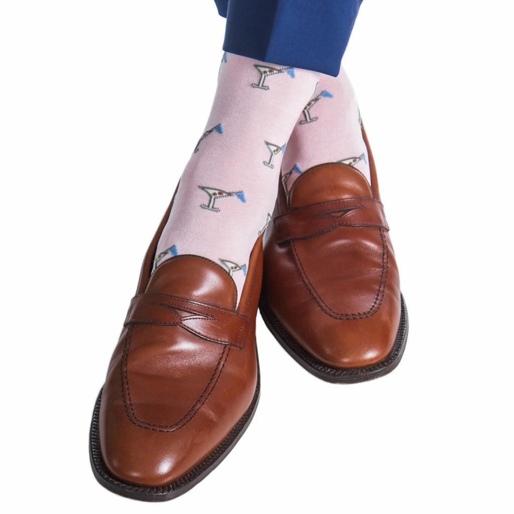 Pink with Steel Gray, Cream, Azure Blue, Coral, Forest Green 19th Hole Martini Glass Cotton Sock Linked Toe OTC
